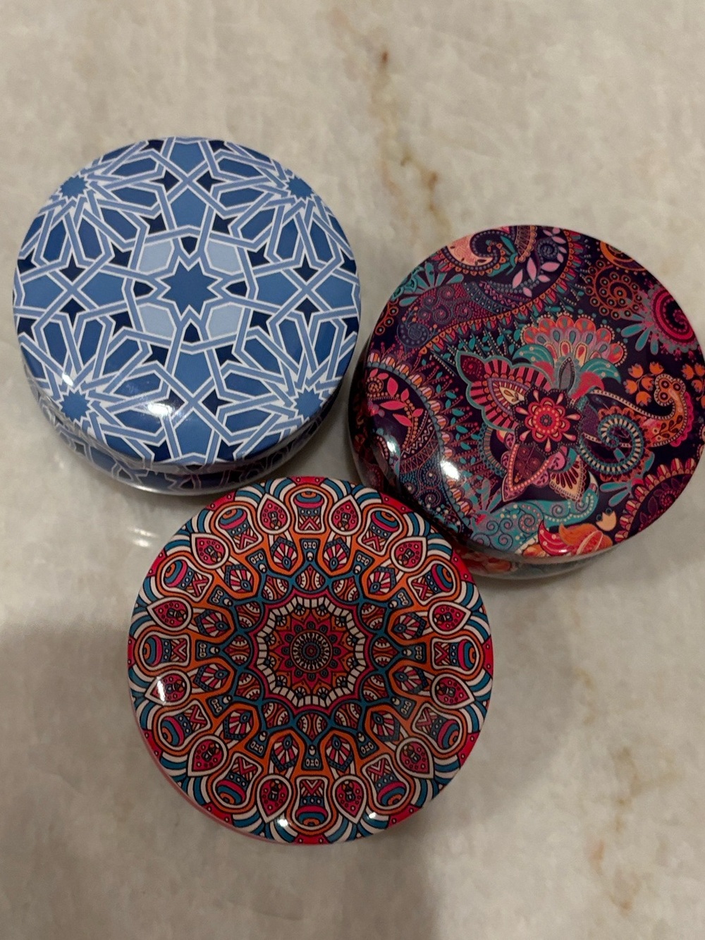 Set of 3 Decorative Round Tins - Blue, Red, Multicolor